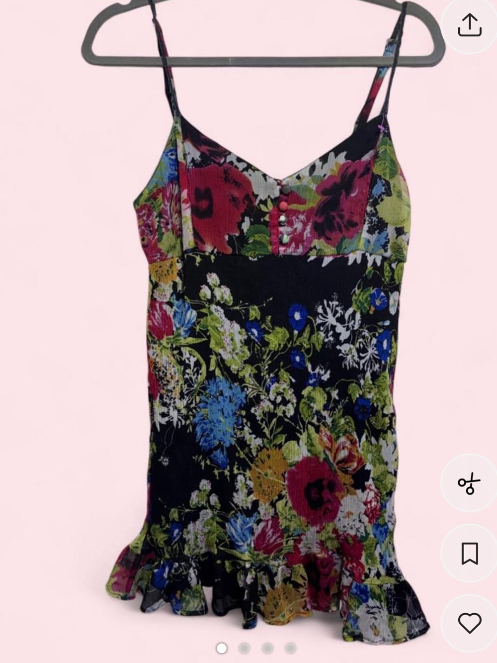 Electric Avenue M Floral Spaghetti Strap Mini Dress Ruffled Hem Pleated Body